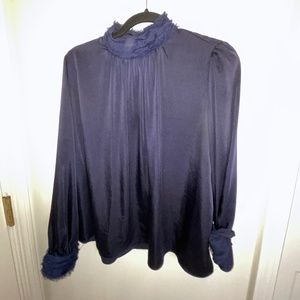 Zara Basic Large Navy Blue Long Sleeve Dressy Blouse